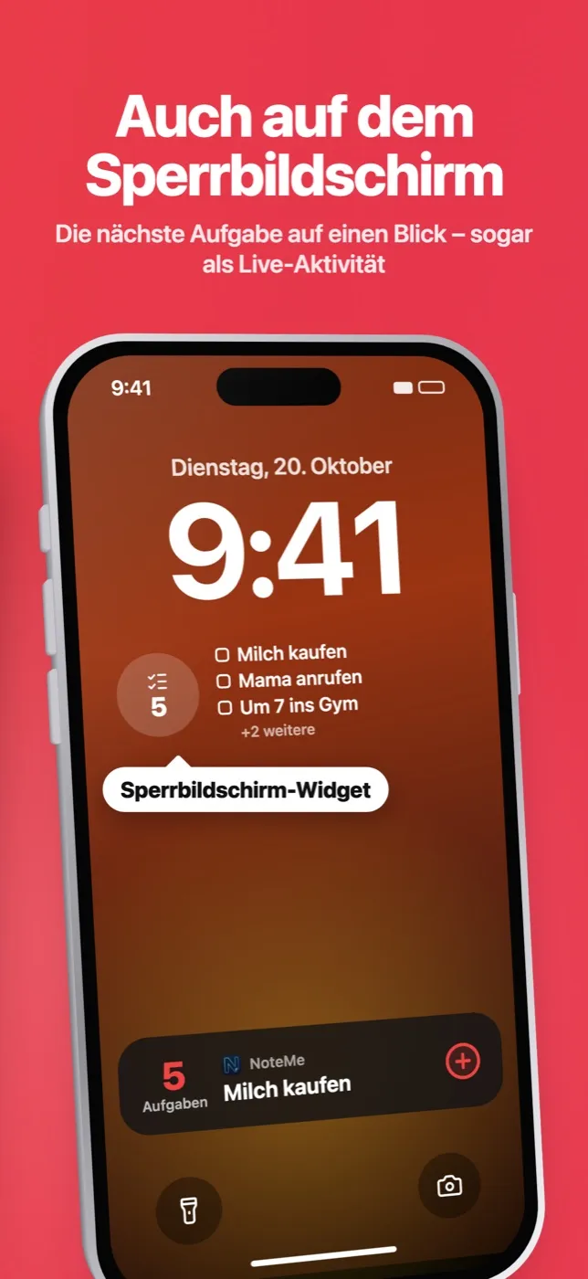 NoteMe-Widget auf dem iPhone-Sperrbildschirm und als Live-Aktivität