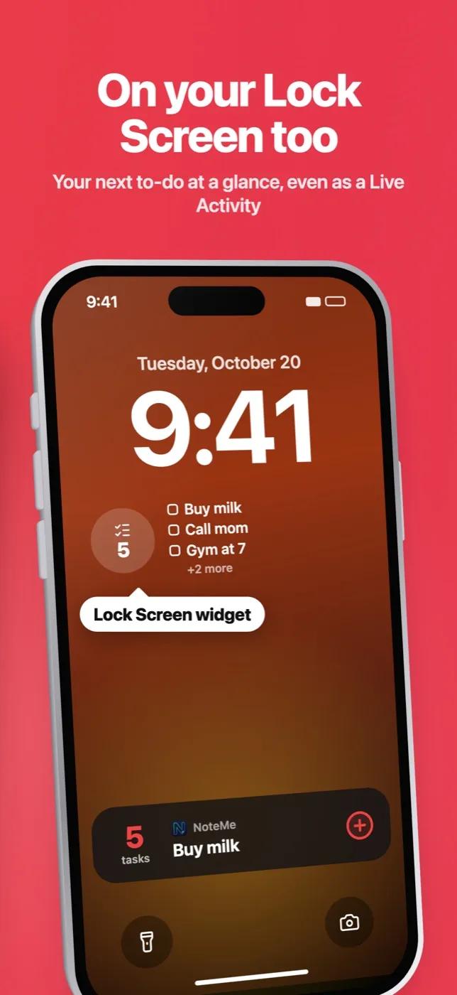 NoteMe widget on the iPhone Lock Screen and as a Live Activity
