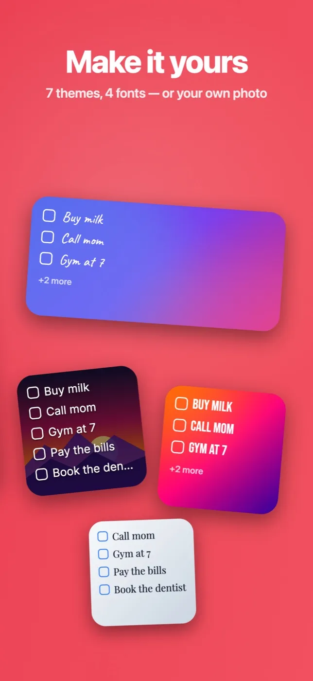 NoteMe widgets with different themes, fonts and a photo background