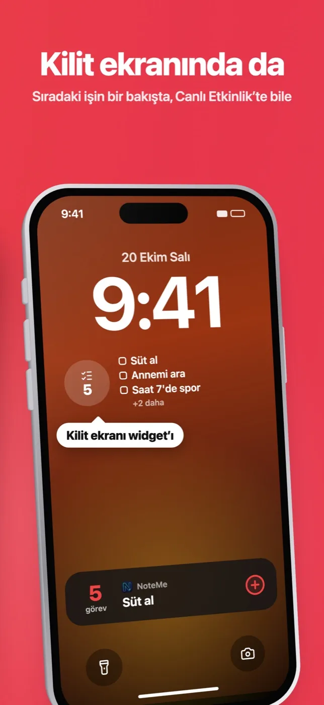iPhone kilit ekranında NoteMe widget'ı ve Canlı Etkinlik