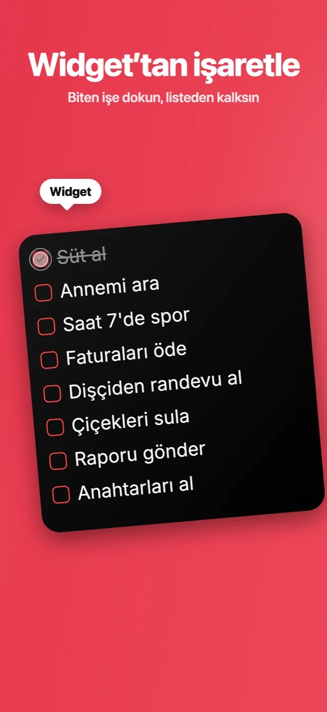 NoteMe widget'ında bir işi doğrudan işaretleme