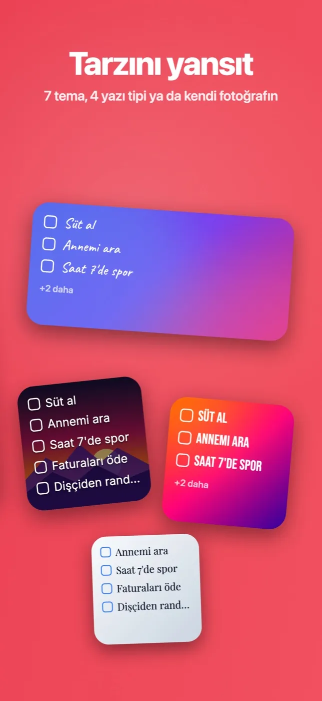 Farklı tema, yazı tipi ve fotoğraf arka planlı NoteMe widget'ları